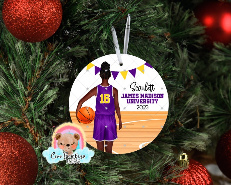 Girls Basketball Christmas Ornament / Personalize w Name, Year, School & Team Colors / Customize Hair, Skin / Personalized Basketball Gift image 1