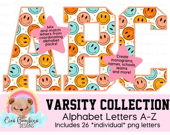 Groovy Smiley Face Alphabet Pack | Varsity Letters A-Z for Sublimation Designs, Back to School Shirt, Tumblers, Transfers | INSTANT DOWNLOAD