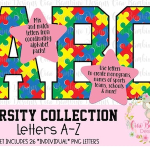 Autism Awareness Alphabet Pack / Rainbow Puzzle Pattern Letters A - Z for Sublimation Design, Game Day Shirts / Varsity / INSTANT DOWNLOAD