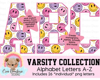 Roze Groovy Smiley Gezicht Alfabet Pack | Varsity Letters A-Z voor sublimatieontwerpen, kindershirts, bekers, transfers | DIRECTE DOWNLOAD