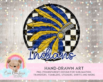 Indians Mascot PNG | Blue + Yellow Indian School Spirit Design | Preppy Retro Mascot Shirt PNG | Sublimation & DTF Design | Instant Download