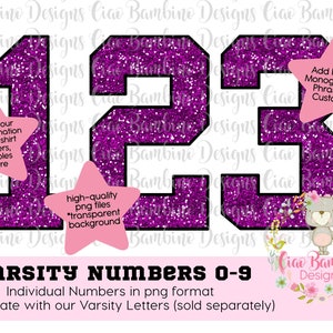 Purple Glitter Varsity Numbers Pack / Glitter Varsity Numbers 0 9 for Sublimation Designs, Game Day Shirts, Planners / INSTANT DOWNLOAD image 1