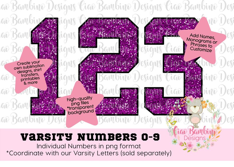 Purple Glitter Varsity Numbers Pack / Glitter Varsity Numbers 0 9 for Sublimation Designs, Game Day Shirts, Planners / INSTANT DOWNLOAD image 1