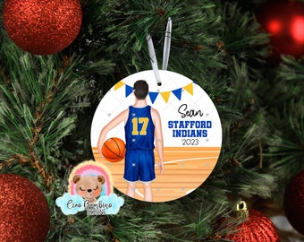 Boys Basketball Christmas Ornament / Personalize w Name, Year, School & Team Colors / Customize Hair, Skin / Personalized Basketball Gift