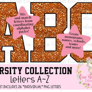 Orange Glitter Varsity Letters: A-Z PNG Alphabet (Instant Download
