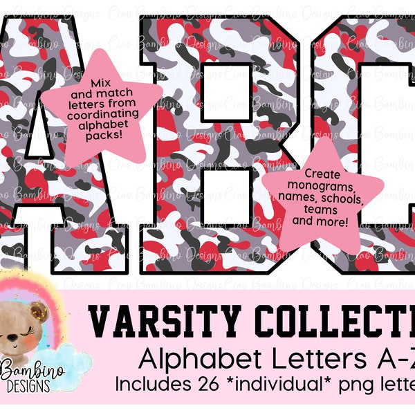 Red, White, Black & Gray Camo Alphabet Pack / Camouflage Varsity Letters A - Z for Sublimation Designs, Shirts, Stickers / INSTANT DOWNLOAD