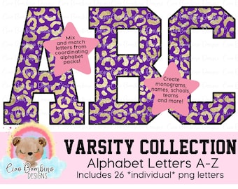 Purple and Metallic Gold Foil Leopard Print Alphabet Pack / Letters A - Z for Sublimation Designs, Shirts, Transfers / INSTANT DOWNLOAD