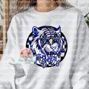 Tijgermascotte, png-bestand voor sublimatie ontwerpen, stickers, shirt schoolgeest | Preppy mascotteshirt-illustraties | Blauw en zilver | Direct downloaden