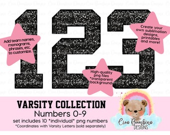 Black Glitter Varsity Numbers Pack / Glitter Varsity Numbers 0 - 9 for Sublimation Designs, Game Day Shirts, Planners / INSTANT DOWNLOAD