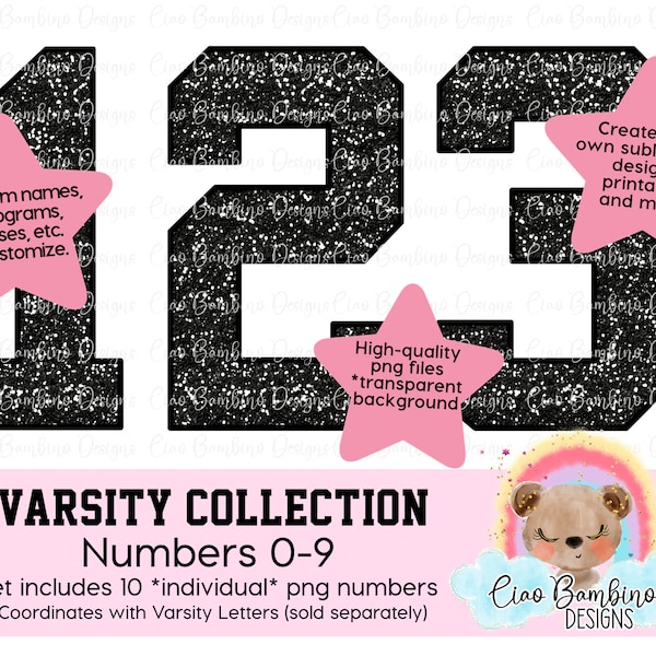 Black Glitter Varsity Numbers Pack / Glitter Varsity Numbers 0 - 9 for Sublimation Designs, Game Day Shirts, Planners / INSTANT DOWNLOAD