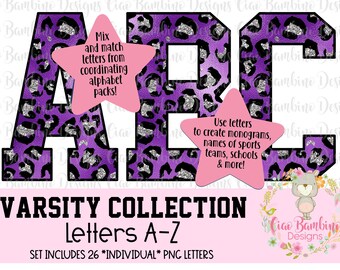 Purple & Silver Metallic Foil and Glitter Leopard Print Alphabet Pack / Alphapack / Letters A - Z for Sublimation Designs / Cheetah Alphabet