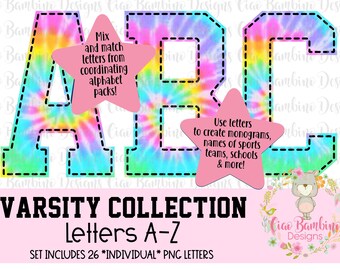 May include: The letters A, B, and C feature a vibrant tie-dye pattern in shades of pink, yellow, blue, and green with a black dashed outline. Two pink star-shaped text boxes contain instructions for mixing letters and creating monograms.