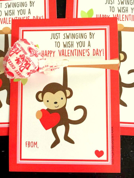 INSTANT DOWNLOAD Monkey Valentine's Day Card for Lollipops | Etsy