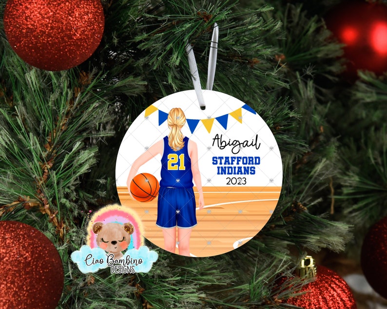 Girls Basketball Christmas Ornament / Personalize w Name, Year, School & Team Colors / Customize Hair, Skin / Personalized Basketball Gift image 2