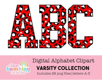 Red and Black Leopard Print Digital Alphabet | png Letters A-Z for Sublimation Designs, Shirt Transfers, School Spirit, Stickers, Labels