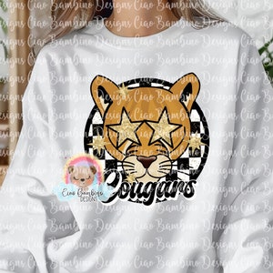 Cougars Mascot PNG for Sublimation Designs, Stickers, School Spirit Shirt | Preppy Mascot Shirt Clip Art |  Black & Gold | INSTANT DOWNLOAD
