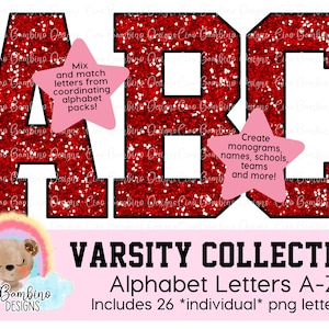 Red Glitter Varsity Letter Pack: Sublimation Design (Instant Download)