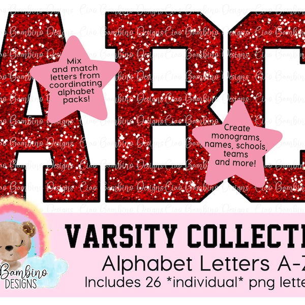 Red Glitter Alphabet Pack / Glitter Varsity Letters A - Z for Sublimation Designs, Shirts, School Mascot, Game Day Shirts / INSTANT DOWNLOAD