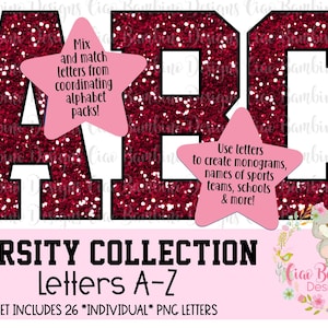 Maroon Glitter Alphabet Pack / Texas Glitter Varsity Letters A - Z for Sublimation Designs, Game Day Shirts, Planners / INSTANT DOWNLOAD