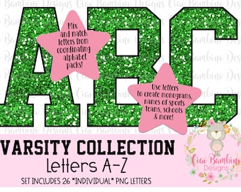 Green Glitter Alphabet Pack / Glitter Varsity Letters A - Z for Sublimation Designs, Shirts, Transfers / Christmas / INSTANT DOWNLOAD