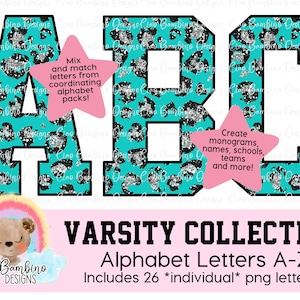 Turquoise Glitter Leopard Alphabet: Varsity PNG Letters (Digital Download