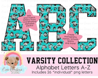 Silver & Turquoise Glitter Leopard Alphabet Pack / Leopard Print Alphapack / Letters A - Z for Sublimation Designs / Cheetah Alphabet