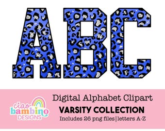 Blue and Silver Leopard Print Alphabet | png Letters A-Z for Sublimation Designs, Shirt Transfers, Sports Teams, Stickers, Labels, Mascot