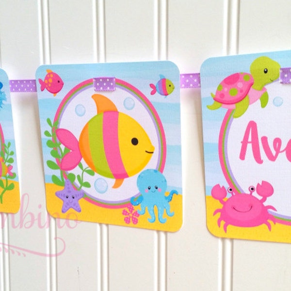 Under the Sea Happy Birthday Banner for Girls / Turtle, Fish, Crab, Dolphin, Jelly Fish / Personalized with Name and Age - 0022