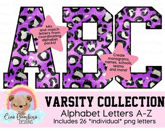 Purple  Leopard Print / Metallic Foil Alphabet Pack / Letters A - Z for Sublimation Designs, Shirts, Transfers / INSTANT DOWNLOAD