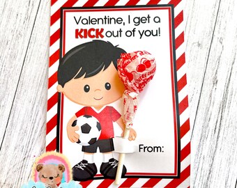 Valentine's Day Black Hair Boy Soccer Player Card / Player Can Hold Lollipop, Pencil or Treat in Hand / Easy to Make / INSTANT DOWNLOAD