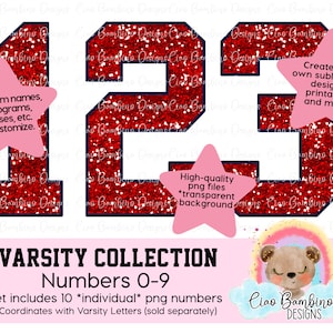 Red Glitter Varsity Numbers: Sublimation Design PNG (Instant Download