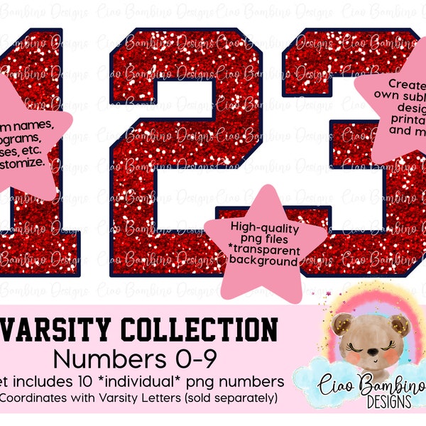 Red Glitter Varsity Numbers Pack / Glitter Varsity Numbers 0 - 9 for Sublimation Designs, Sports Shirts, Game Day Shirts / INSTANT DOWNLOAD