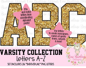 Gold Glitter Alphabet Pack / Varsity Letters A - Z voor sublimatieontwerpen, Game Day Shirts, Planners, Stickers, Metallic Glitter Letters