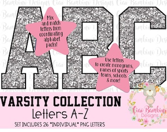 Silver Glitter Alphabet Pack /Glitter Varsity Letters A - Z voor sublimatieontwerpen, Game Day Shirts, Planners, Christmas Alphabet Letters