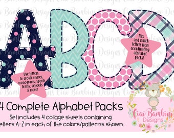 Pink, Navy Blue and Mint Digital Alphabet for Sublimation Designs, Planner Pages, Scrapbooks, Iron On Transfers / 4 Complete Sets