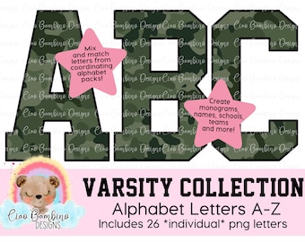 Camo Alphabet Pack / Green Camouflage Varsity Football Letters A - Z for Sublimation Designs, Shirts, Stickers, Transfers / INSTANT DOWNLOAD