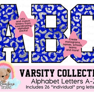 Blue and Silver Foil Leopard Print Alphabet Pack / Letters A - Z for Sublimation Designs, Shirts, Transfers, Sticker / INSTANT DOWNLOAD