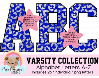 Blue and Silver Foil Leopard Print Alphabet Pack / Letters A - Z for Sublimation Designs, Shirts, Transfers, Sticker / INSTANT DOWNLOAD