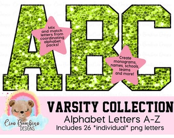 Lime Green Glitter Alphabet Pack /Glitter Varsity Letters A - Z for Sublimation Designs, Game Day Shirts, Transfers / INSTANT DOWNLOAD