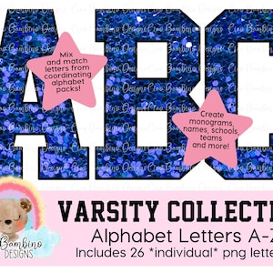 Royal Blue Chunky Glitter Alfabet Pack /Glitter Varsity Letters A-Z voor sublimatieontwerpen, Game Day-shirts, overdracht / INSTANT DOWNLOAD