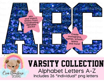 Blue Glitter Alphabet Letters: A-Z Varsity Font (Instant Download PNGs)