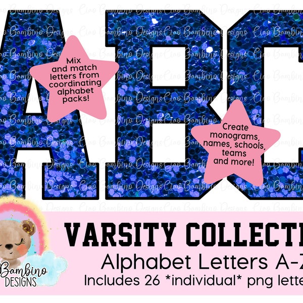 Royal Blue Chunky Glitter Alphabet Pack /Glitter Varsity Letters A - Z for Sublimation Designs, Game Day Shirts, Transfer / INSTANT DOWNLOAD
