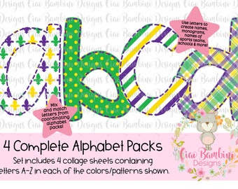 Mardi Gras Faux Applique Alphabet Clipart / 4 Complete Sets of Letters for Sublimation Designs, Shirt Transfers, Planner / Mardi Gras Colors