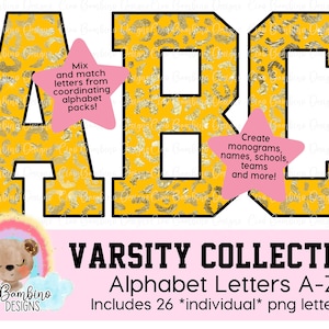 Yellow and Metallic Gold Foil Leopard Print Alphabet Pack / Letters A - Z for Sublimation Designs, Shirts, Transfers / INSTANT DOWNLOAD