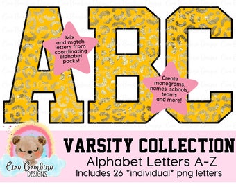 Yellow and Metallic Gold Foil Leopard Print Alphabet Pack / Letters A - Z for Sublimation Designs, Shirts, Transfers / INSTANT DOWNLOAD