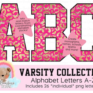 Hot Pink and Metallic Gold Foil Leopard Print Alphabet Pack / Letters A - Z for Sublimation Designs, Shirts, Transfers / INSTANT DOWNLOAD