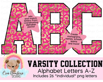 Hot Pink and Metallic Gold Foil Leopard Print Alphabet Pack / Letters A - Z for Sublimation Designs, Shirts, Transfers / INSTANT DOWNLOAD