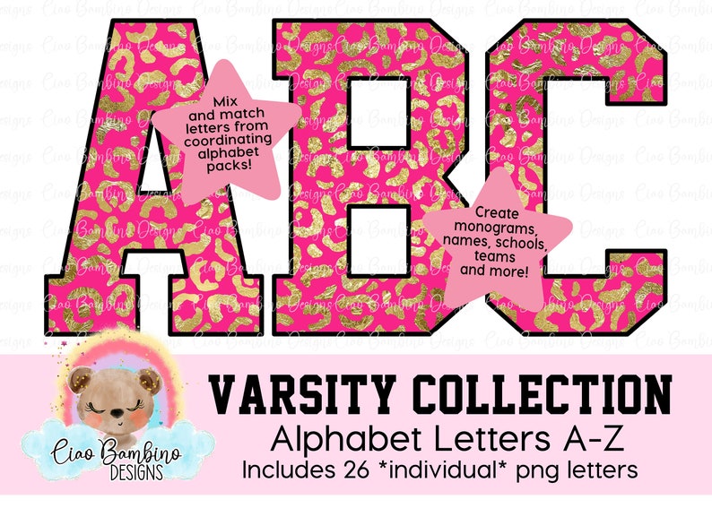 Hot Pink and Metallic Gold Foil Leopard Print Alphabet Pack / Letters A Z for Sublimation Designs, Shirts, Transfers / INSTANT DOWNLOAD image 1