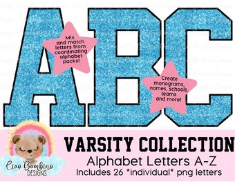 Blue Glitter Alphabet Pack /Glitter Varsity Letters A - Z for Sublimation Designs, Sports Letters , Shirts, Stickers / INSTANT DOWNLOAD