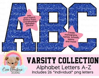 May include: Blue glitter varsity letter A, B, and C with black outlines.  The letters are on a white background with pink stars and text that says "Mix and match letters from coordinating alphabet packs!" and "Create monograms, names, schools, teams and more!"  The text at the bottom says "Varsity Collection Alphabet Letters A-Z Includes 26 *individual* png letters"